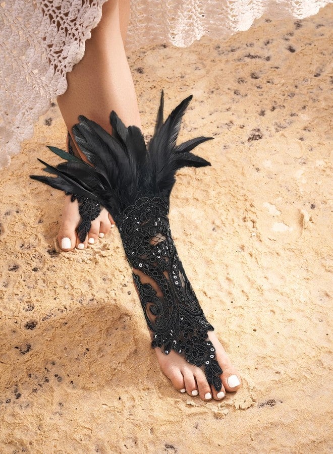 MAOFENG Women's Gothic Lace Feather Gloves Witch Angel Costume Accessories Swan Wings Wrist Bands Lace Fingerless Gloves,Black - Image 4